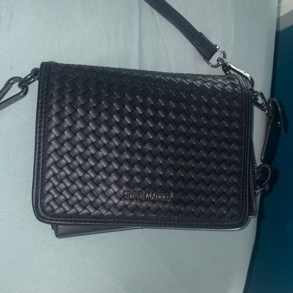 Steve Madden Black Woven Flap Crossbody Bag